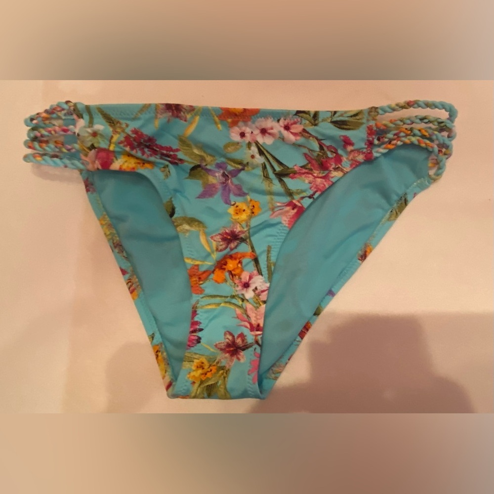 Jessica Simpson Women Turquoise Floral Braided Side Bikini Bottom SSFL20364 M